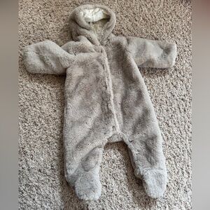 ZARA Baby Gray Lined Furry Jacket 1-3M Snow Suit Hooded Winter 1 Piece